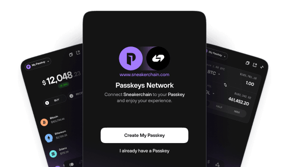 Mobile app interface showing Passkeys wallet with biometric authentication prompt and transaction details