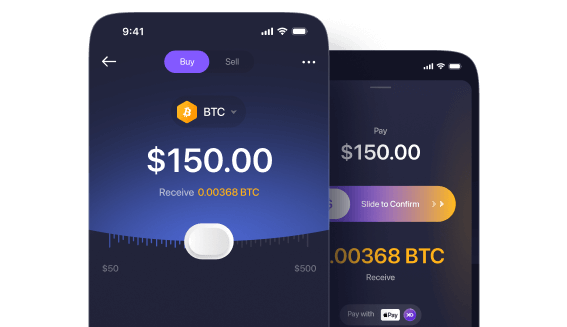 XO Ramp mobile interface preview showing crypto payment flow with $150 transaction