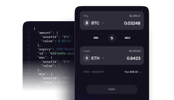 Swap interface displaying BTC to ETH exchange with code snippet and transaction parameters